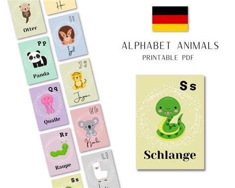 German Alphabet Animal Flashcards for Educational Language Learning Montessori Homeschooling ...