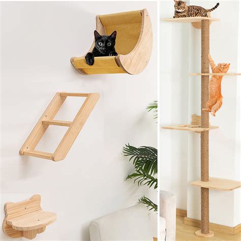 Wooden Cat Wall Shelves Furniture With Bridge Wall Mounted Cat Tree For ...