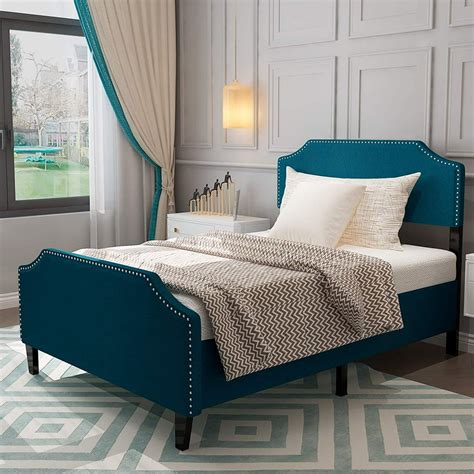 mecor Upholstered Linen Platform Bed/Blue Fabric Full Size Bed Frame ...