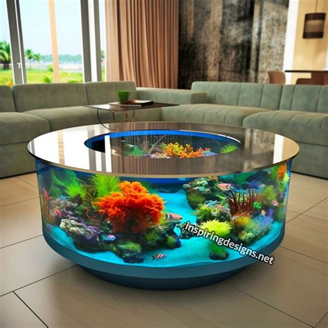 a fish tank in the middle of a living room with couches and tables ...