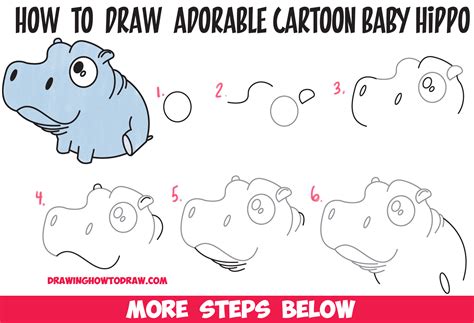 How to Draw a Cute Baby Hippo (Cartoon / Kawaii / Chibi) Easy Step by Step Drawing Tutorial for ...