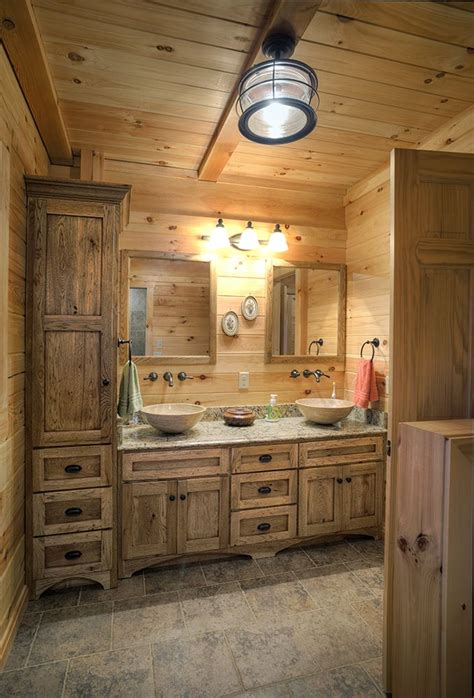 Log home bathroom with double vanity | Log home bathroom, Rustic bathroom vanities, Log home ...