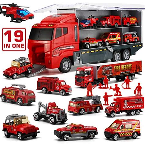 19 in 1 Fire Truck with Firefighter Toy Set, Mini Die-cast Fire Engine Car in Carrier Truck ...