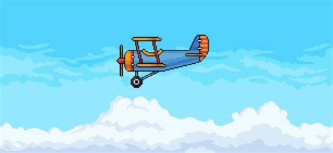 Premium Vector | Pixel art scene of plane flying in blue sky with ...