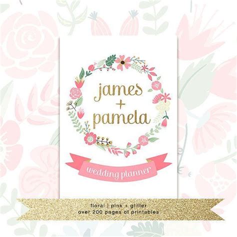 a wedding planner with flowers on it and the words james and pamella written in pink