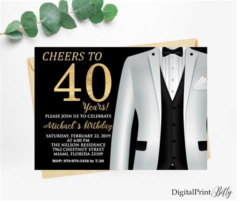 40th Birthday Invitations, Men Birthday Party, Gold and Black Invite, Cheers to 40 Years ...