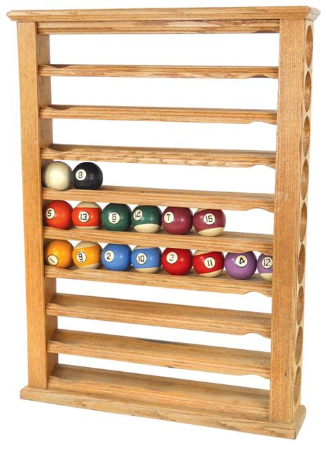 Billiard ball rack w/16 balls, oak w/9 shelves, VG cond, 28"H x 20.5"W.