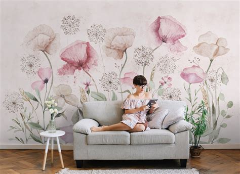 Watercolor Poppy Floral Wallpaper Hand Paint Soft Flower - Etsy