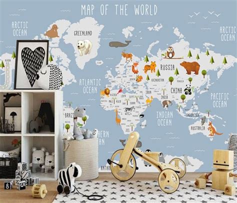 Kids World Map Wallpaper Wall Murals Animals Kids Children - Etsy