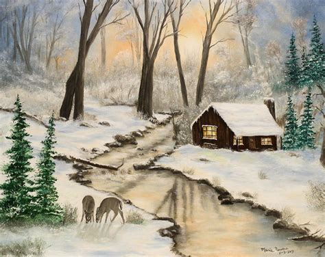 Cabin Painting, Winter Landscape, Original Oil Painting on Canvas 16in ...