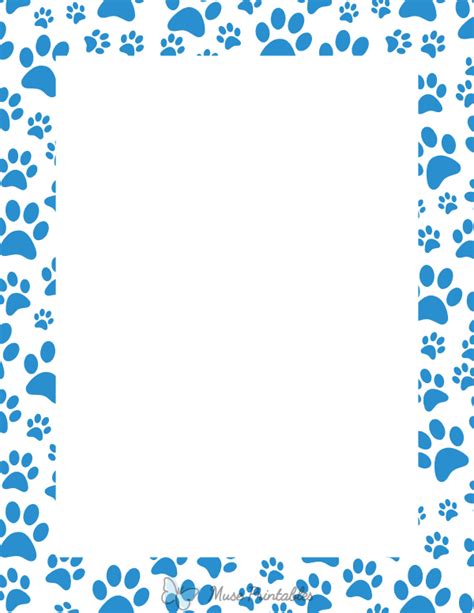 Printable Blue On White Random Paw Print Page Border