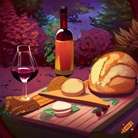 Anime-style art of a table set with bread and wine in the woods on Craiyon