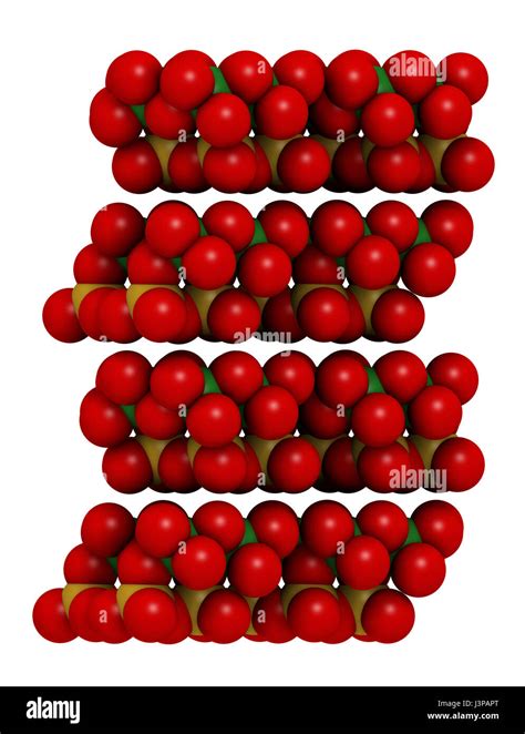 Chrysotile asbestos, crystal structure. Atoms shown as spheres with ...