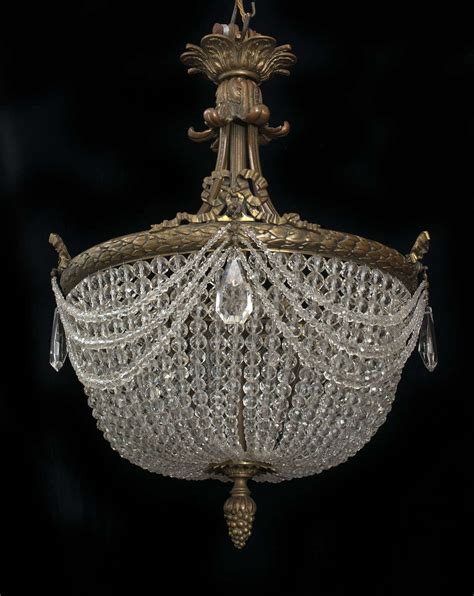 6 Light Bronze French Crystal Beaded Empire Antique Chandelier in Antique Chandeliers