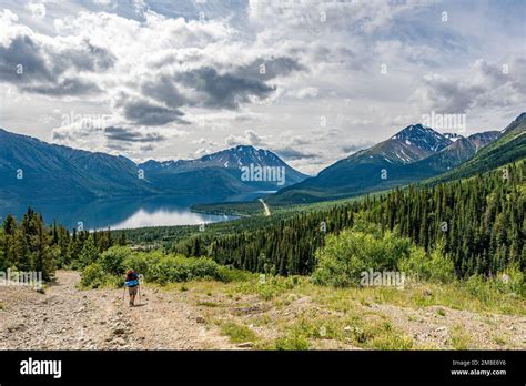 Hiking man in wilderness outdoors area in the back country of Yukon ...