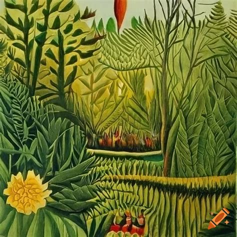 Art piece by henri rousseau of the huldufólk in lush foliage scene on Craiyon