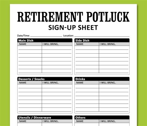 Retirement Potluck Sign up Sheet Printable Template, Brunch Dinner ...