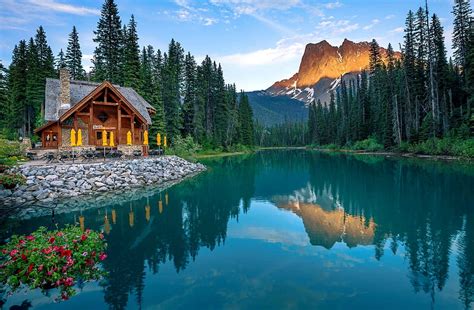 Winter, forest, snow, mountains, reflection, ate, Canada, house, Canada, British Columbia ...