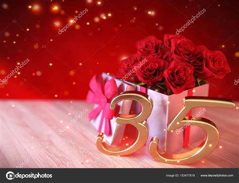 Birthday concept with red roses in the gift on wooden desk. thirtyfifth. 35th. 3D render Stock ...