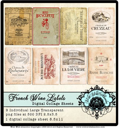 Vintage French Wine Labels Clipart in ACEO or ATC Size.