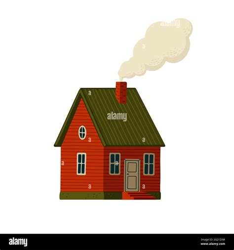 Maison rouge. Maison en bois de style rustique avec fumée de la ...
