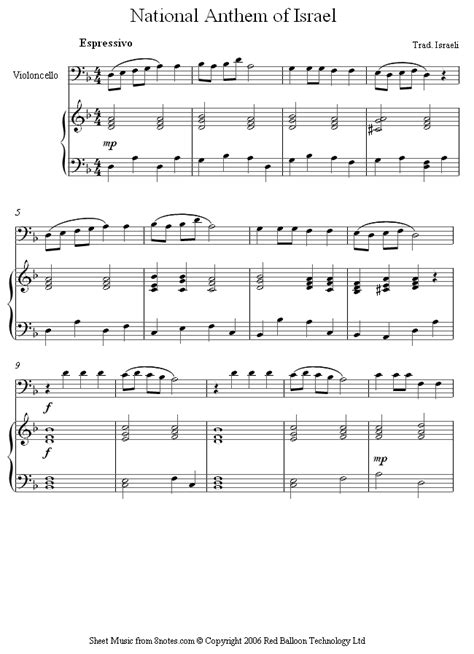 Hatikvah (Israeli National Anthem) sheet music for Cello - 8notes.com