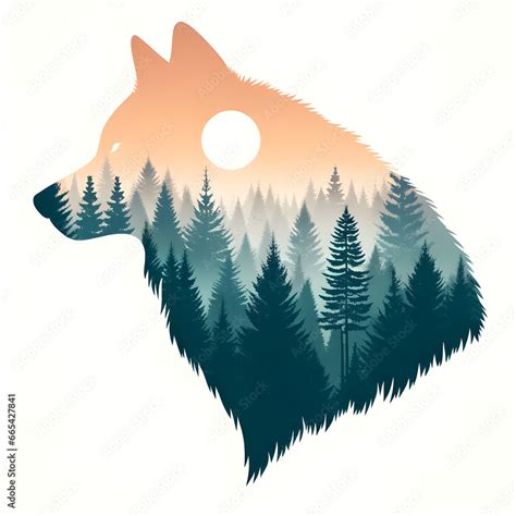 Double Exposure Illustration of Wolf Silhouette with Misty Forest ...