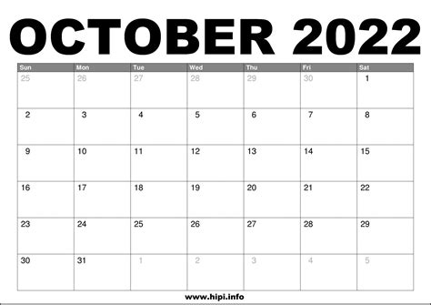 October 2022 Calendar Printable Free - Hipi.info