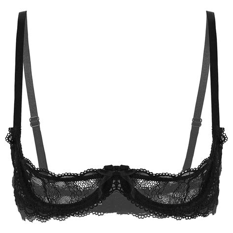 YOOJOO Women Sexy 1/4 Cup Sheer Lace Bra Push Up Underwired Shelf Bra Unlined See Through ...