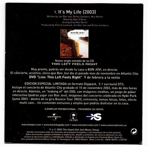 BON JOVI It's my life 2003 RAREST SPAIN PROMO CD SINGLE UNIQUE COVER ...