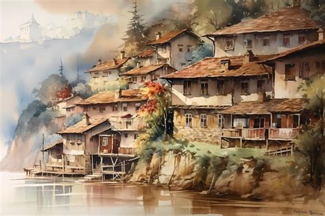 Premium AI Image | A watercolor of a village on canvas digital art illustration