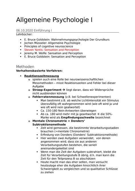 Allgemeine Psychologie I Studienjahr 2020/21 - Allgemeine Psychologie I 06.10 Einführung I - Studocu