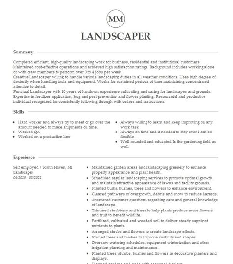 Landscaper Resume Example