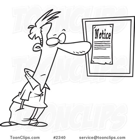 Cartoon Black and White Line Drawing of a Guy Reading a Notice #2340 by Ron Leishman