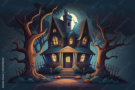 Illustration of a haunted mansion, illustration of a scary cabin, spooky house at the end of a ...