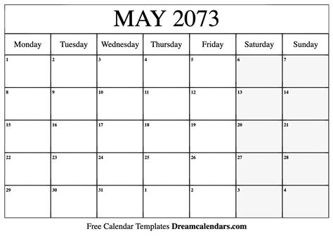 May 2073 Calendar - Free Printable with Holidays and Observances