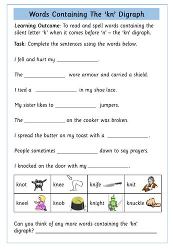 Silent 'k' followed by 'n' (kn) worksheet by Krazikas - Teaching Resources - Tes