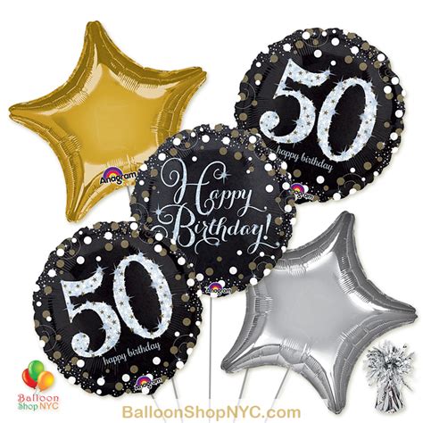 50th Sparkling Happy Birthday Mylar Stars Balloon Bouquet - Balloon Shop NYC