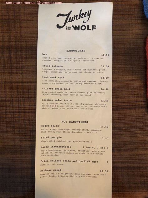 Menu at Turkey and the Wolf pub & bar, New Orleans, 739 Jackson Ave