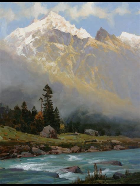 Aleksandr Babich, Russian Painter Mountain River | Landscape art, Oil painting landscape ...