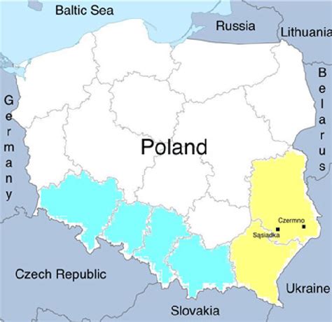 Administrative subdivision map of Poland. Blue: Dolnoslaskie, Slaskie ...