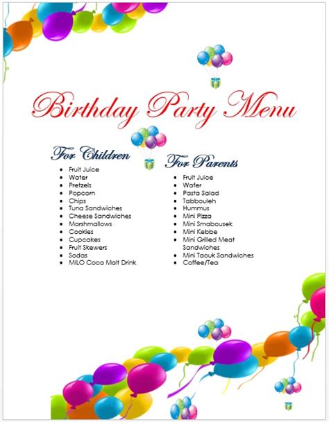 7 Free Sample Birthday Menu Templates - Printable Samples