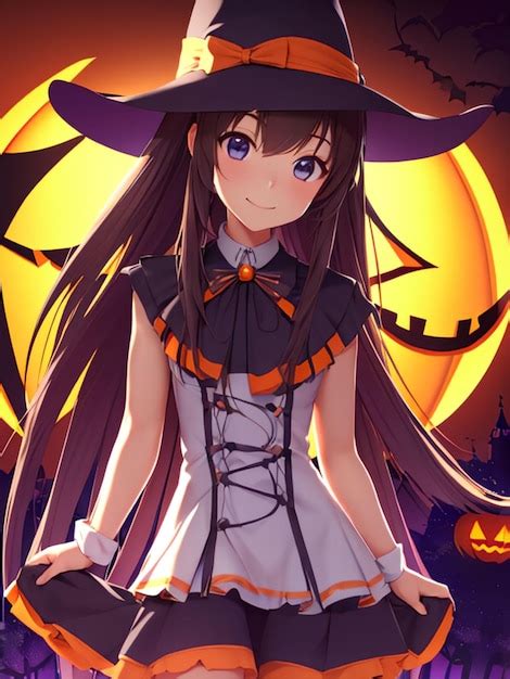 Premium AI Image | Cute witch girl on halloween night anime art for mobile wallpaper