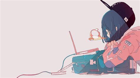 Chill Anime Girl with Laptop - HD Wallpaper