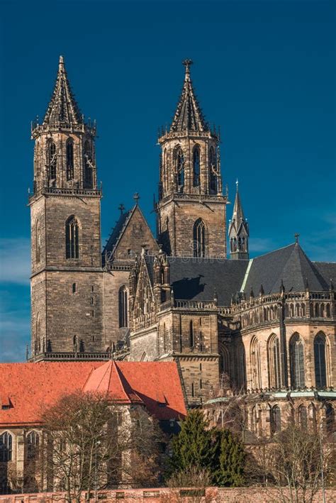 Magnificent Cathedral Of Magdeburg At River Elbe With Blue Sky, Stock Image - Image of historic ...