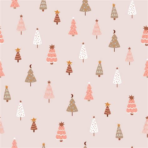 Pink christmas tree seamless pattern. Cute hand drawn fir tree on pink ...