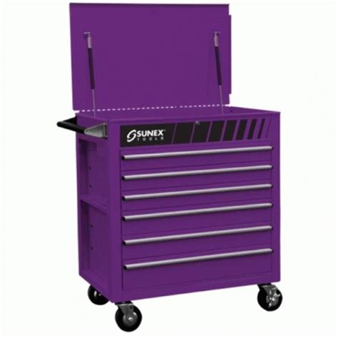 a purple tool box with drawers on wheels