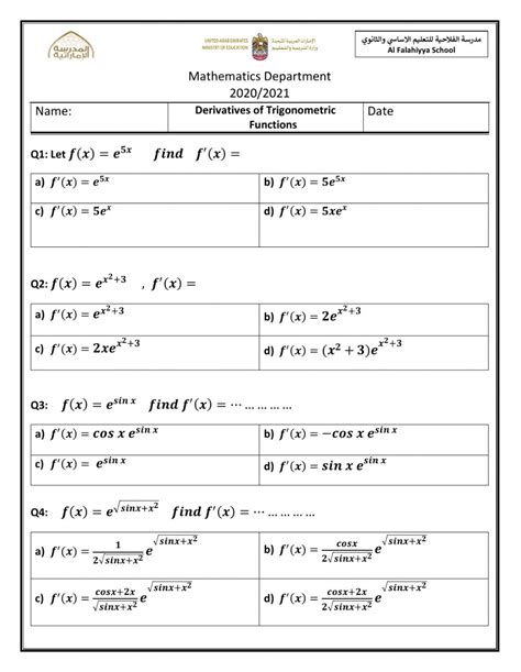 Derivative Of Exponential Functions Worksheet - Function Worksheets