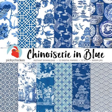 Chinoiserie Digital Paper Chinese Patterns Blue & White - Etsy