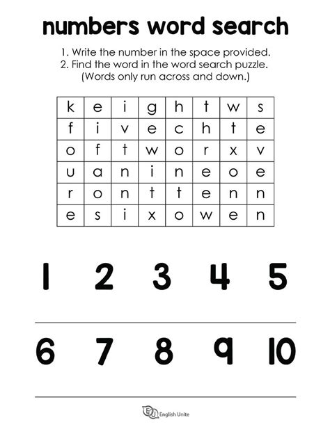 English Unite - Numbers 1 - 10 Word Search Puzzle